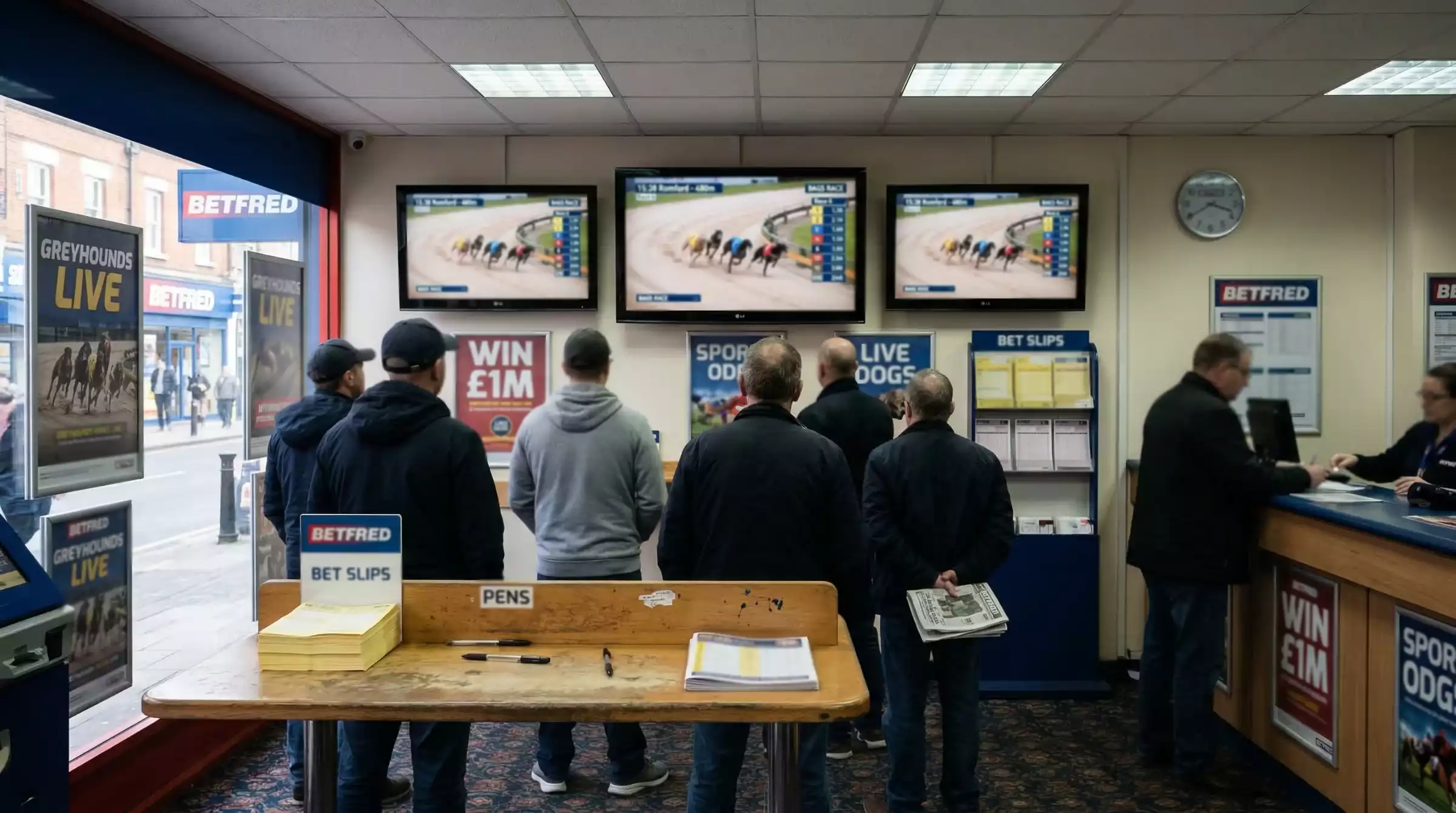 TV screens inside a UK betting shop showing a live greyhound race broadcast