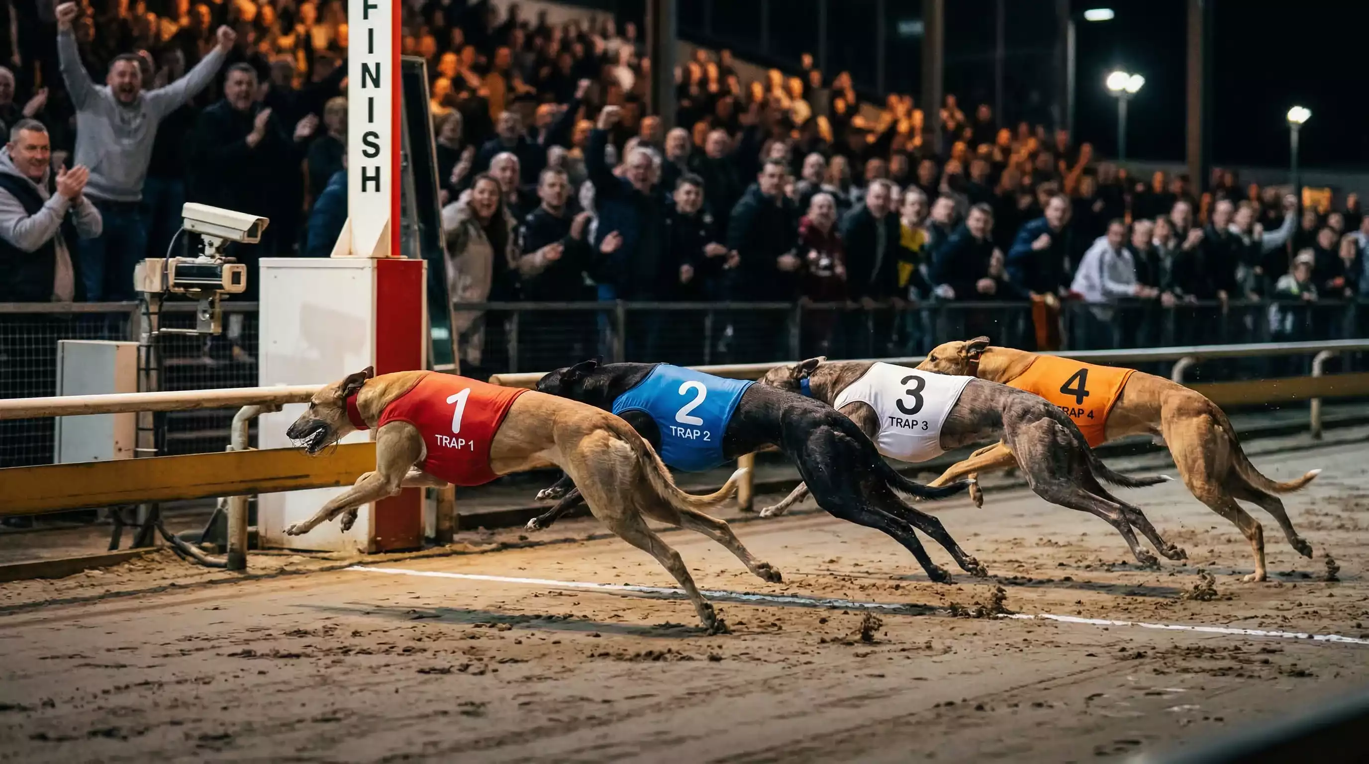 Greyhounds racing towards the finish line during the East Anglian Derby at Yarmouth Stadium