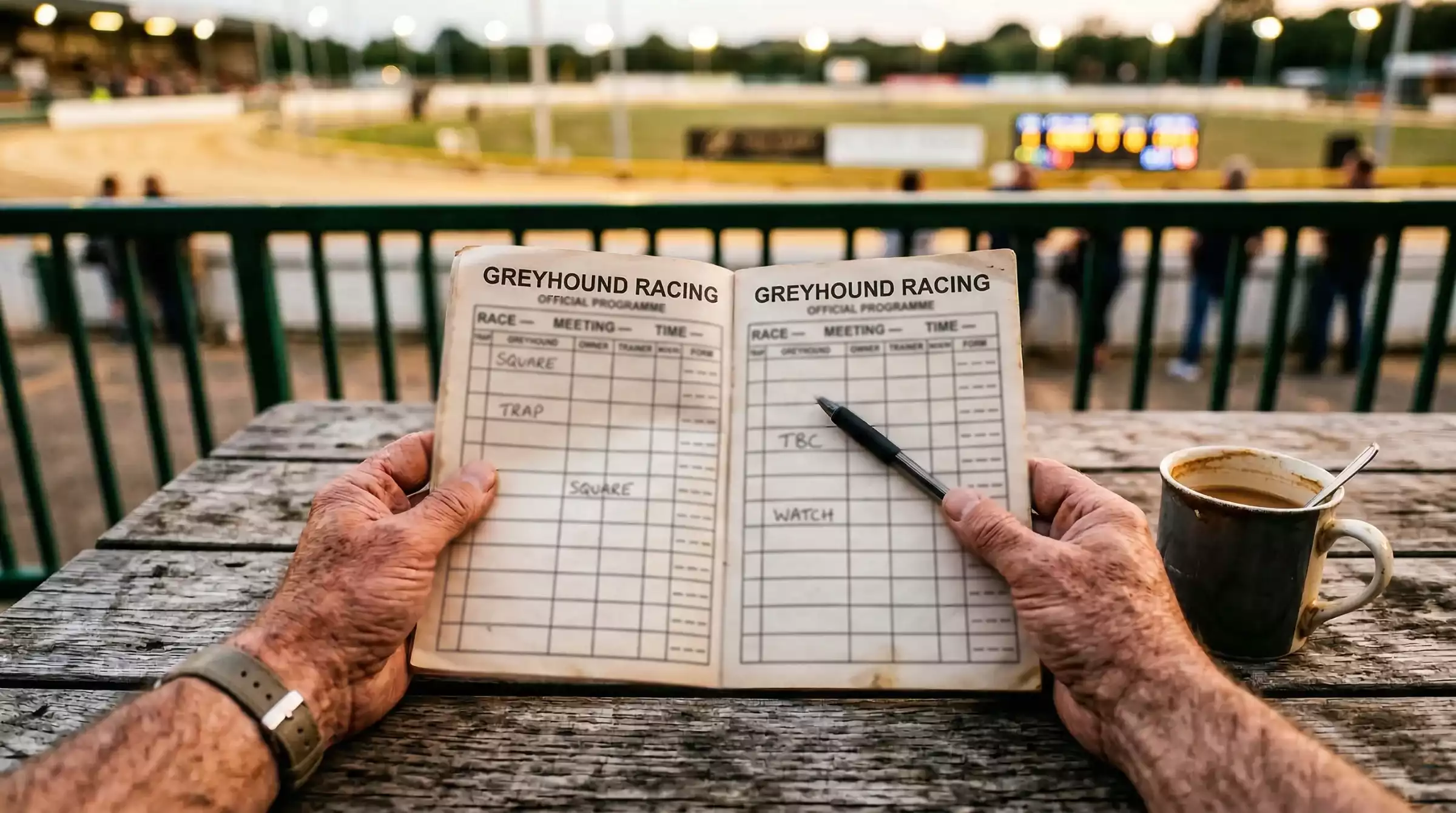 Betting slip with forecast and tricast selections next to a greyhound racecard on a wooden counter