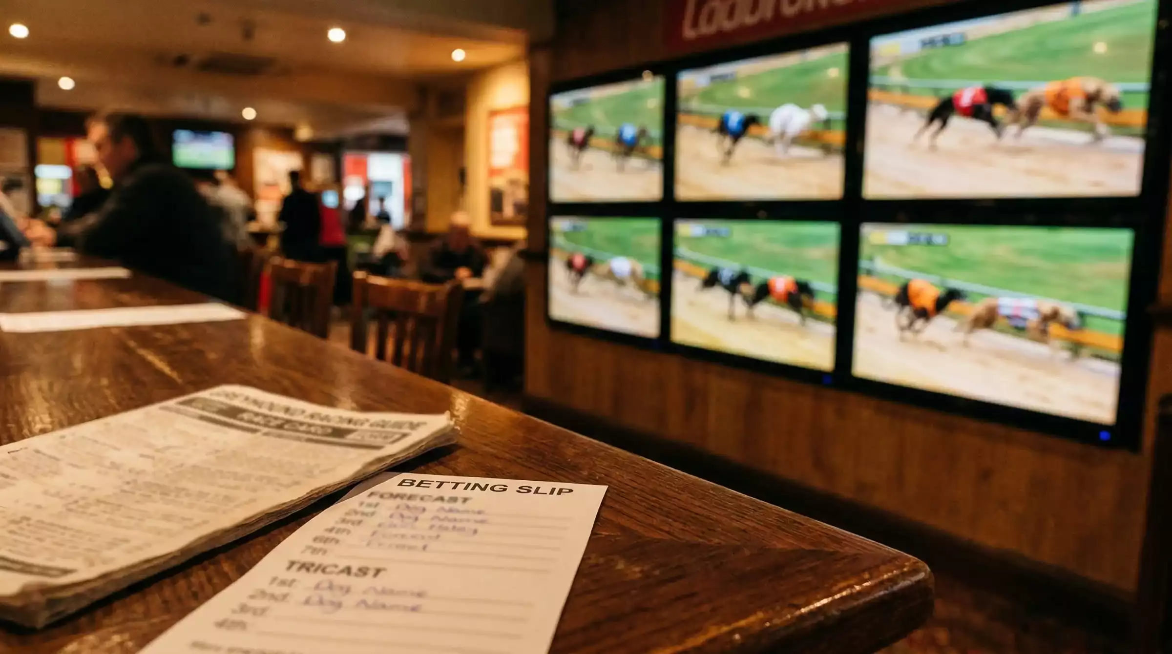 Punter studying a greyhound racecard with form figures and pen notes at a trackside table
