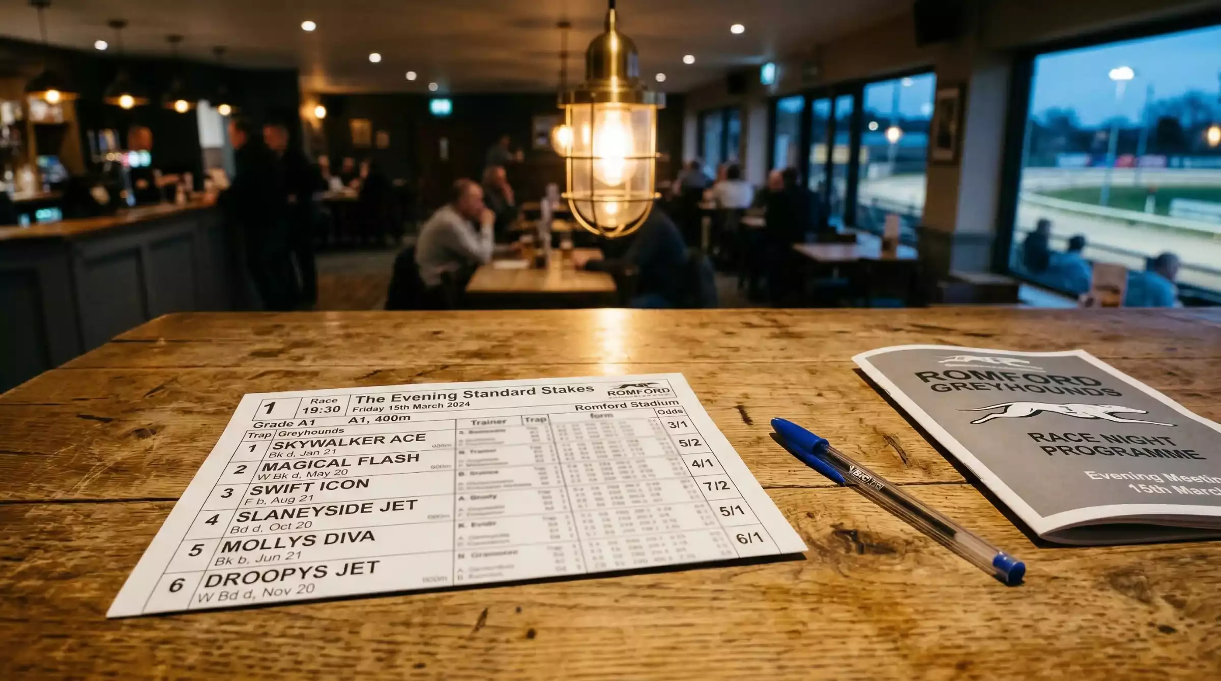 Greyhound racecard printout on a table with a pen and race programme at a UK dog track
