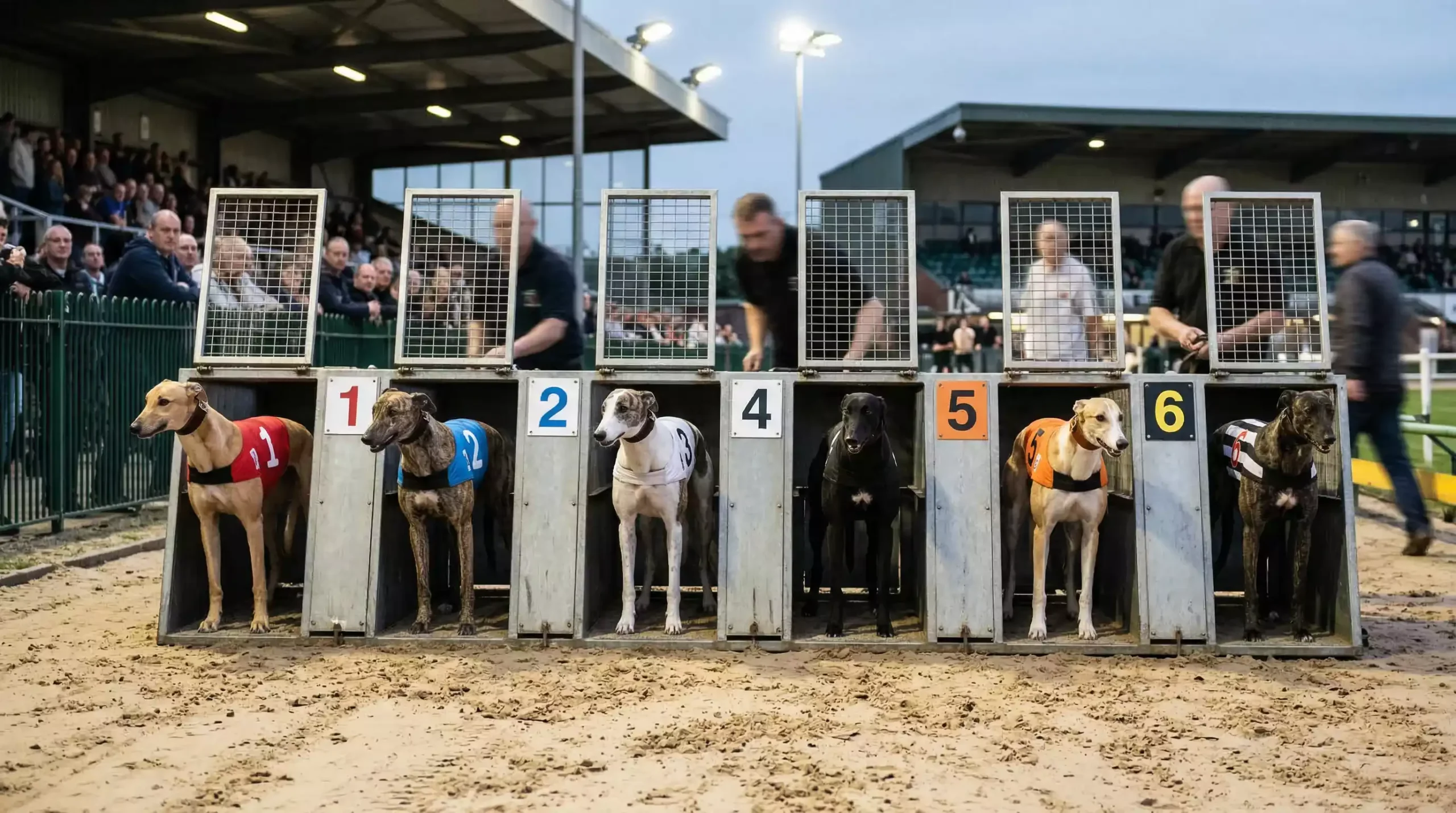 Greyhound dogs lined up in numbered starting traps before a race at a UK stadium
