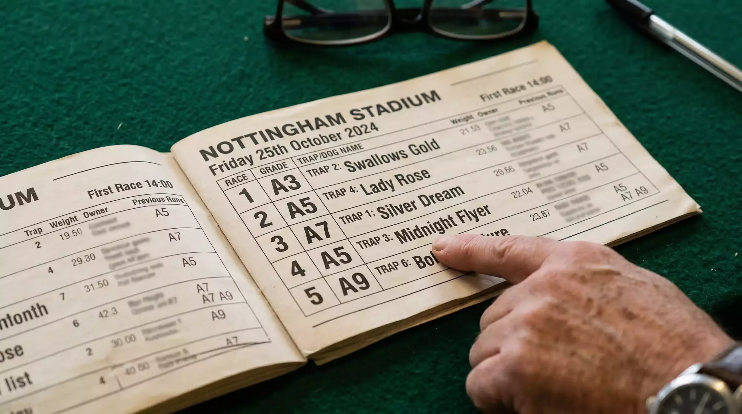 Close-up of a Yarmouth greyhound racecard showing grade columns A2 through A9