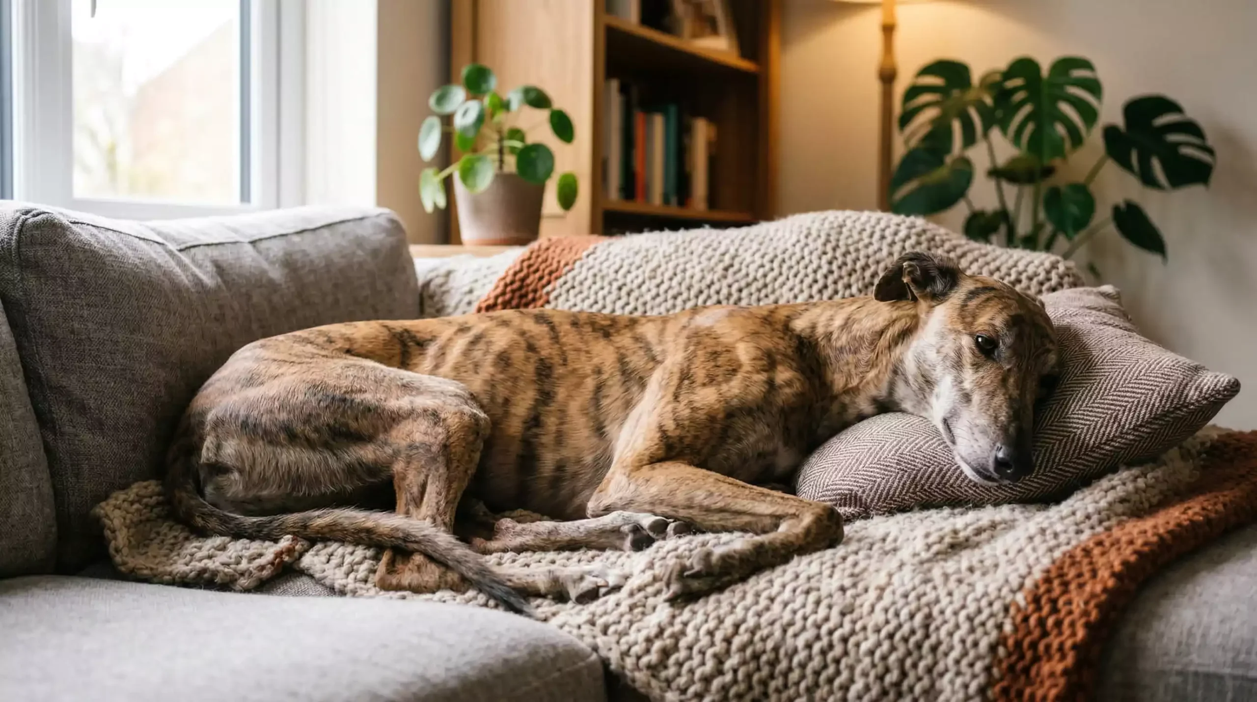 Retired greyhound rehoming and adoption with a greyhound resting on a sofa at home