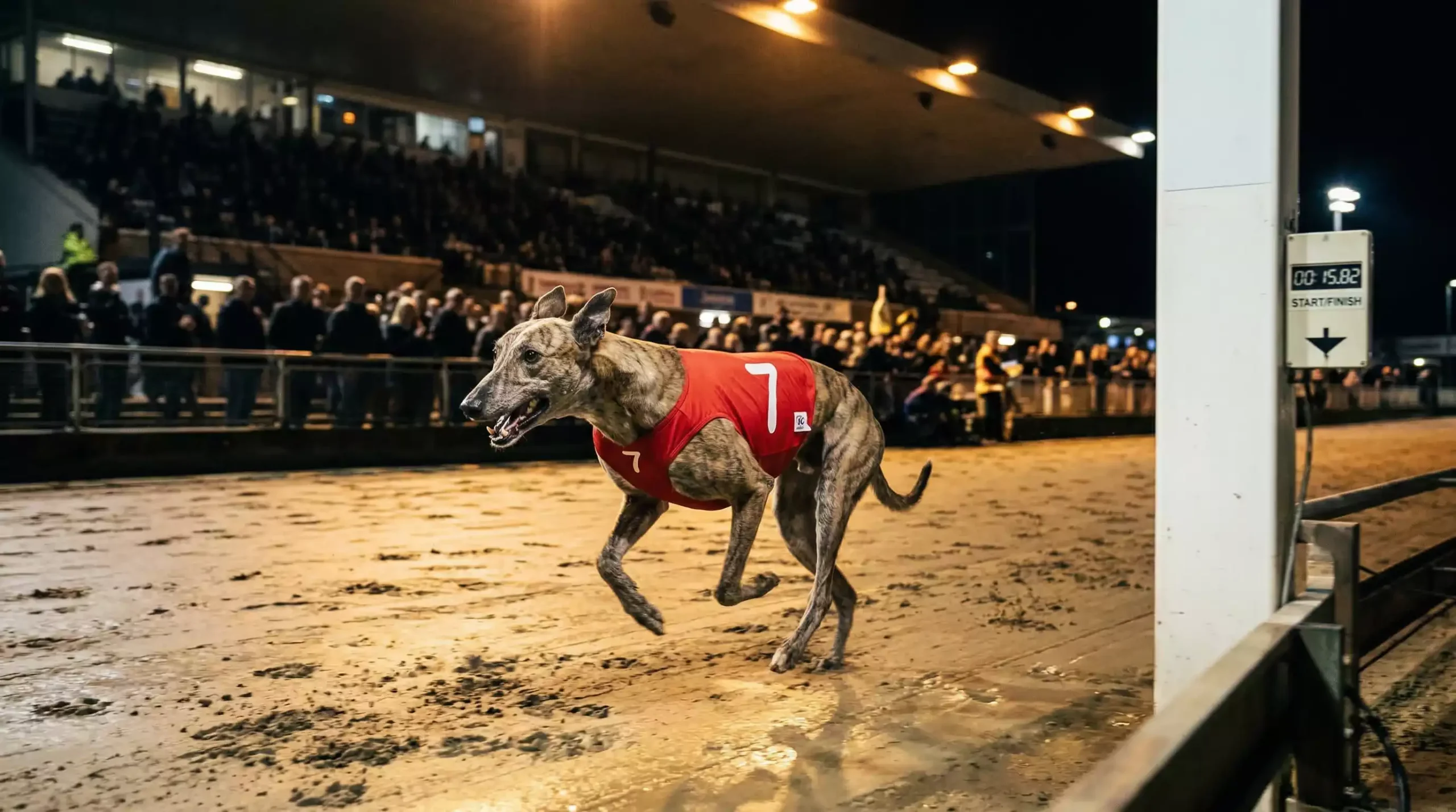 Greyhound crossing a timing section on a floodlit sand track at night