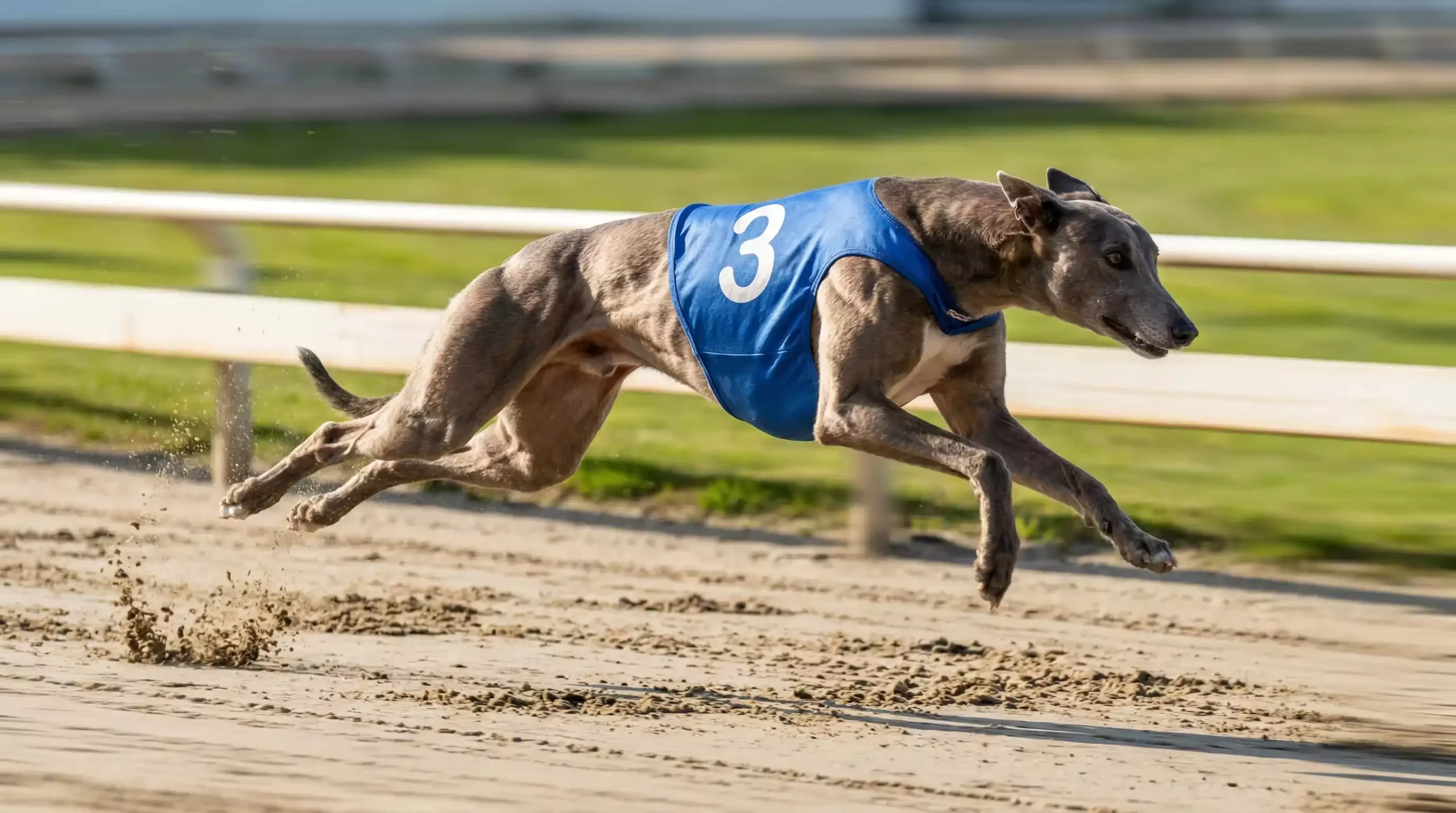 Greyhound speed and physiology showing a racing greyhound in full stride