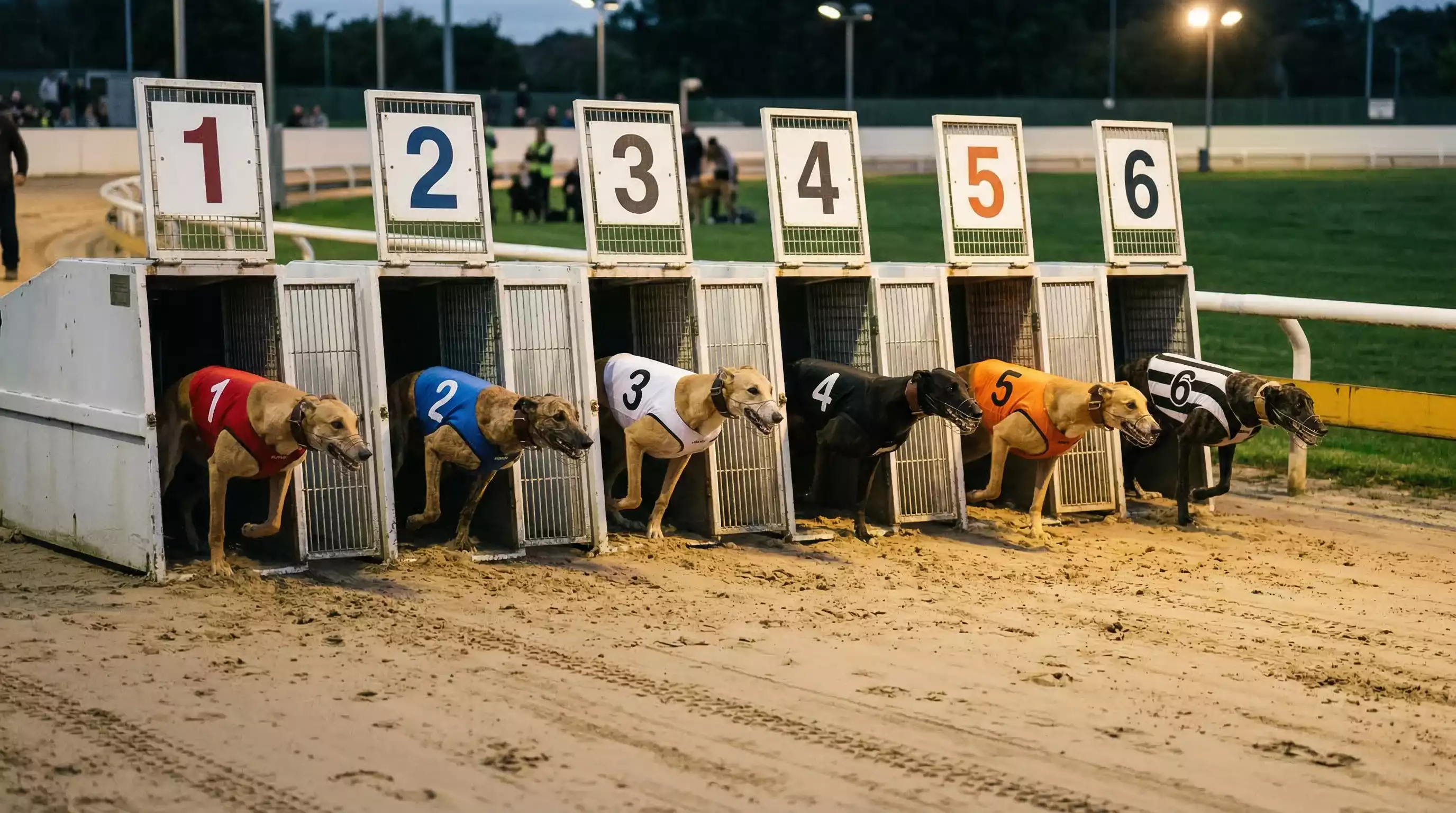 Six greyhounds in coloured racing jackets lined up in starting traps ready for a race