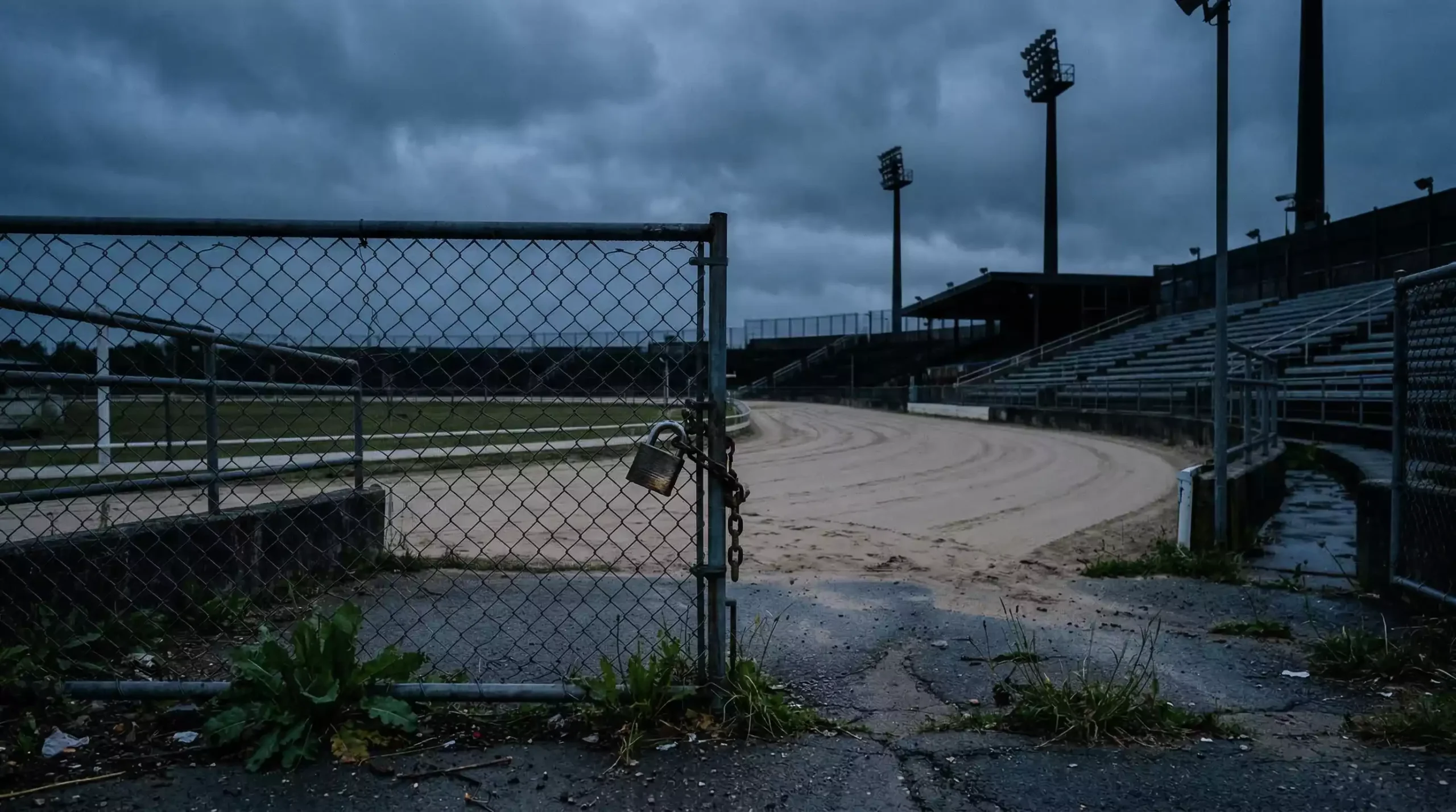 Greyhound track closures 2025 with an empty stadium at dusk