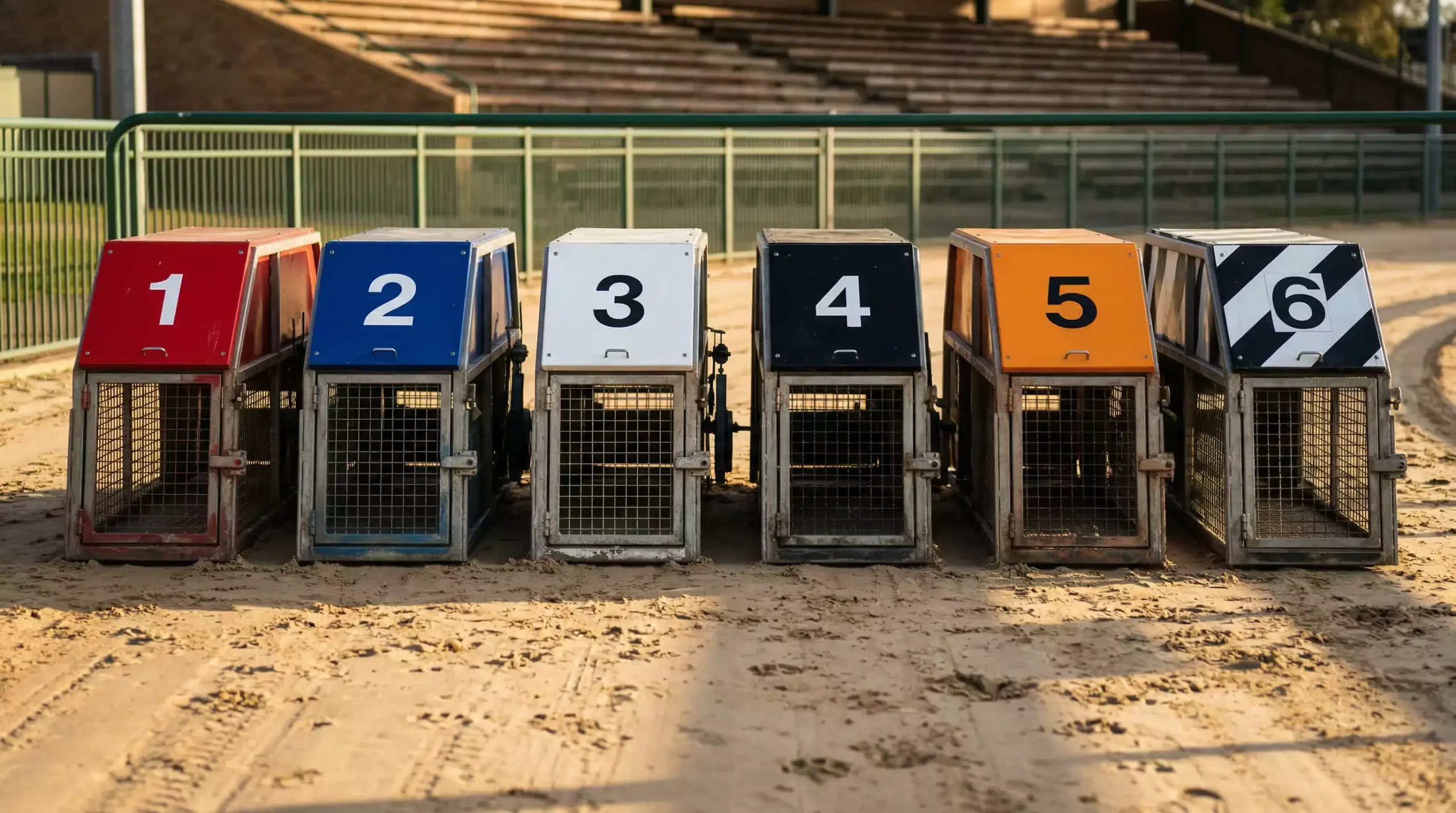 Close-up of six numbered greyhound starting traps with coloured lids on a sand track