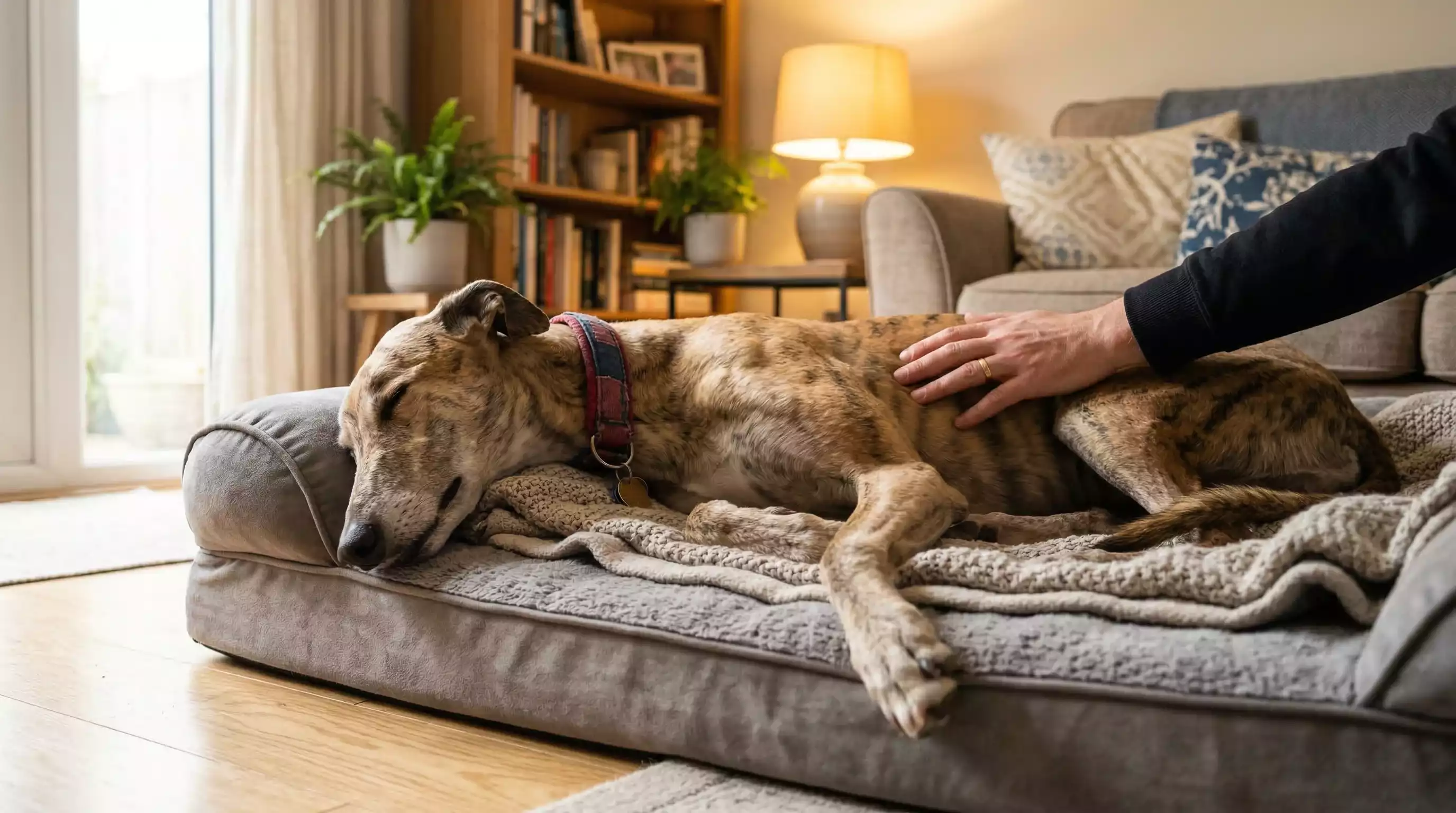 Retired greyhound in a comfortable home setting after successful rehoming from racing