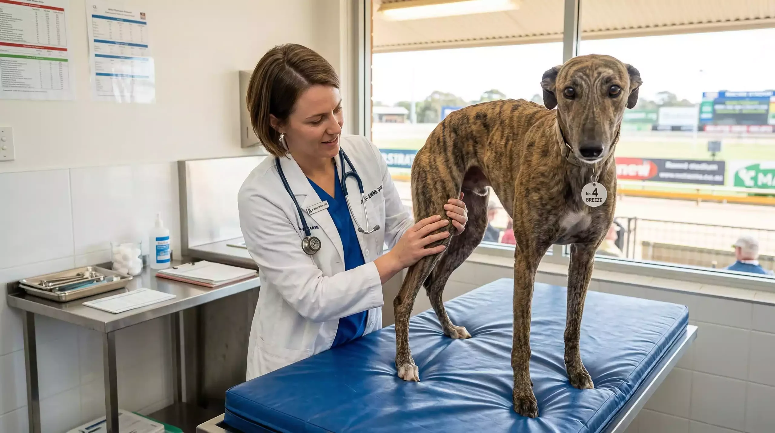 Greyhound receiving veterinary attention at a UK licensed track