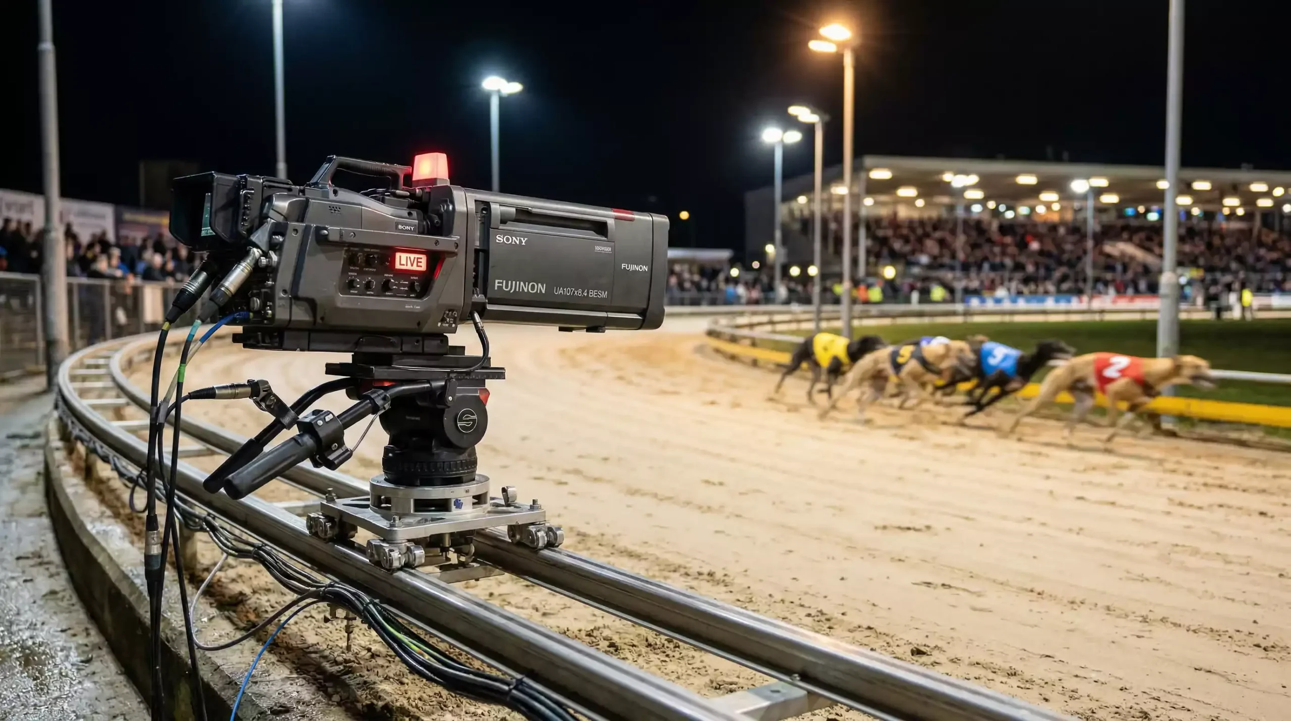 SIS greyhound broadcasting with a trackside camera filming a race