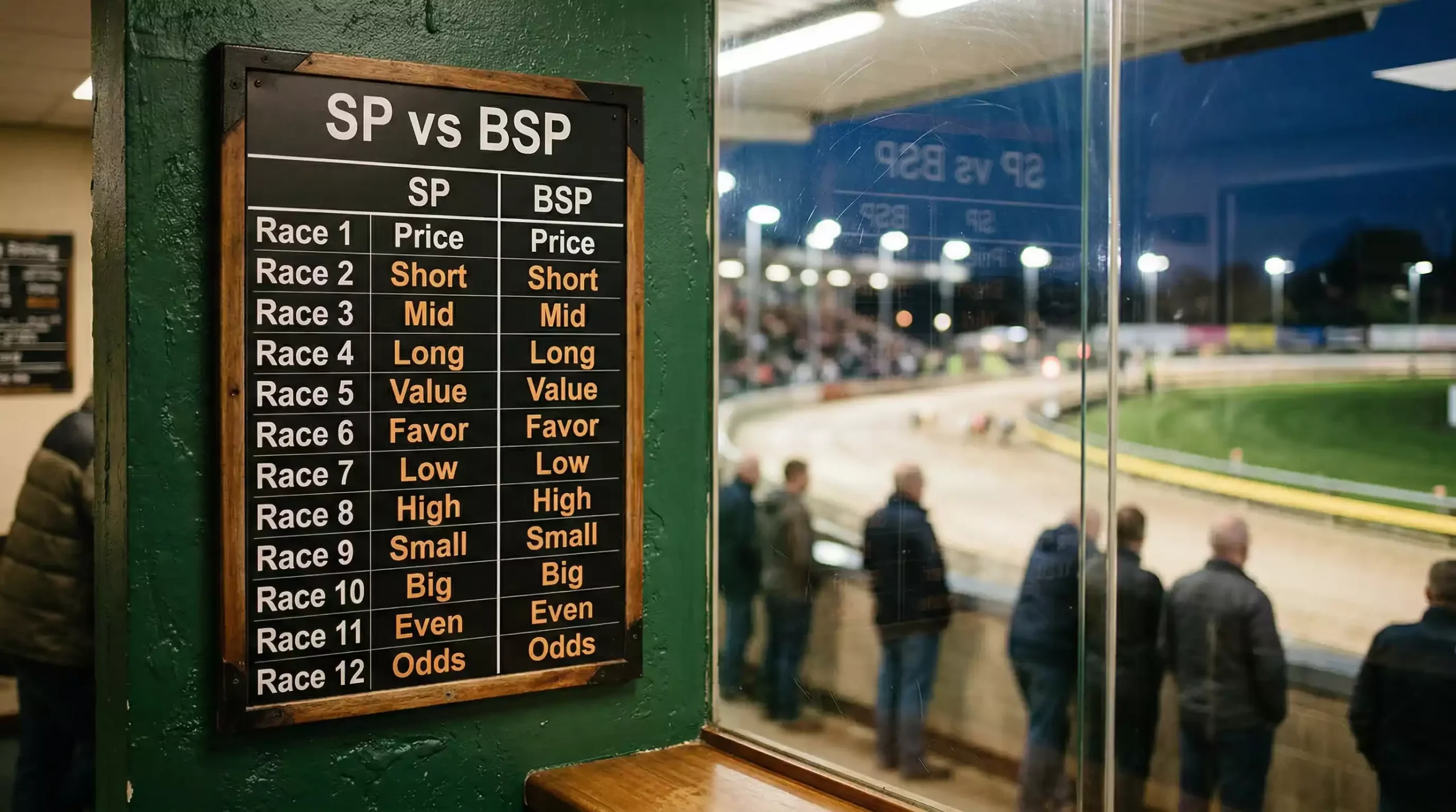 Greyhound betting odds board showing SP and BSP price comparison at a UK track