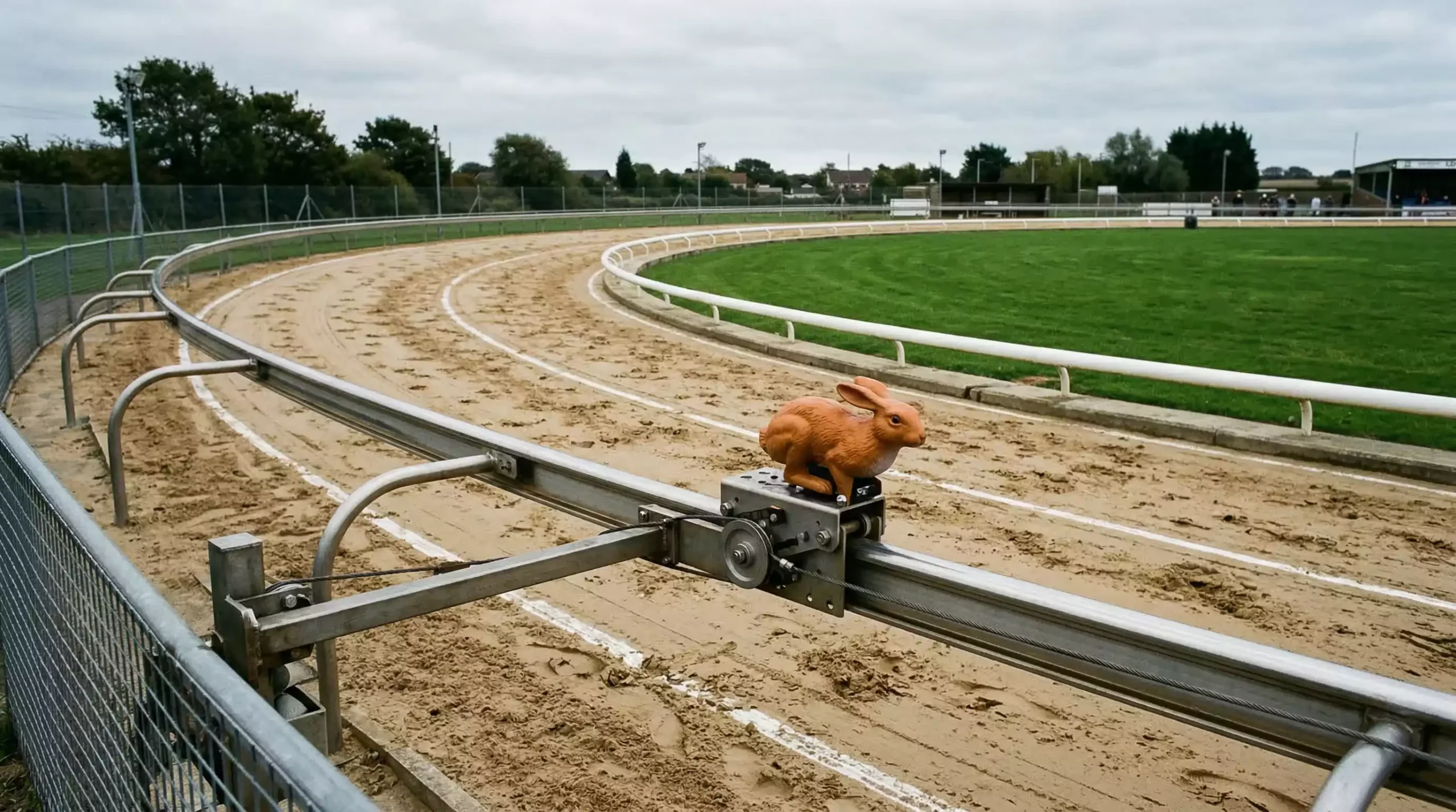 Mechanical lure arm running along the outside rail of a greyhound sand track
