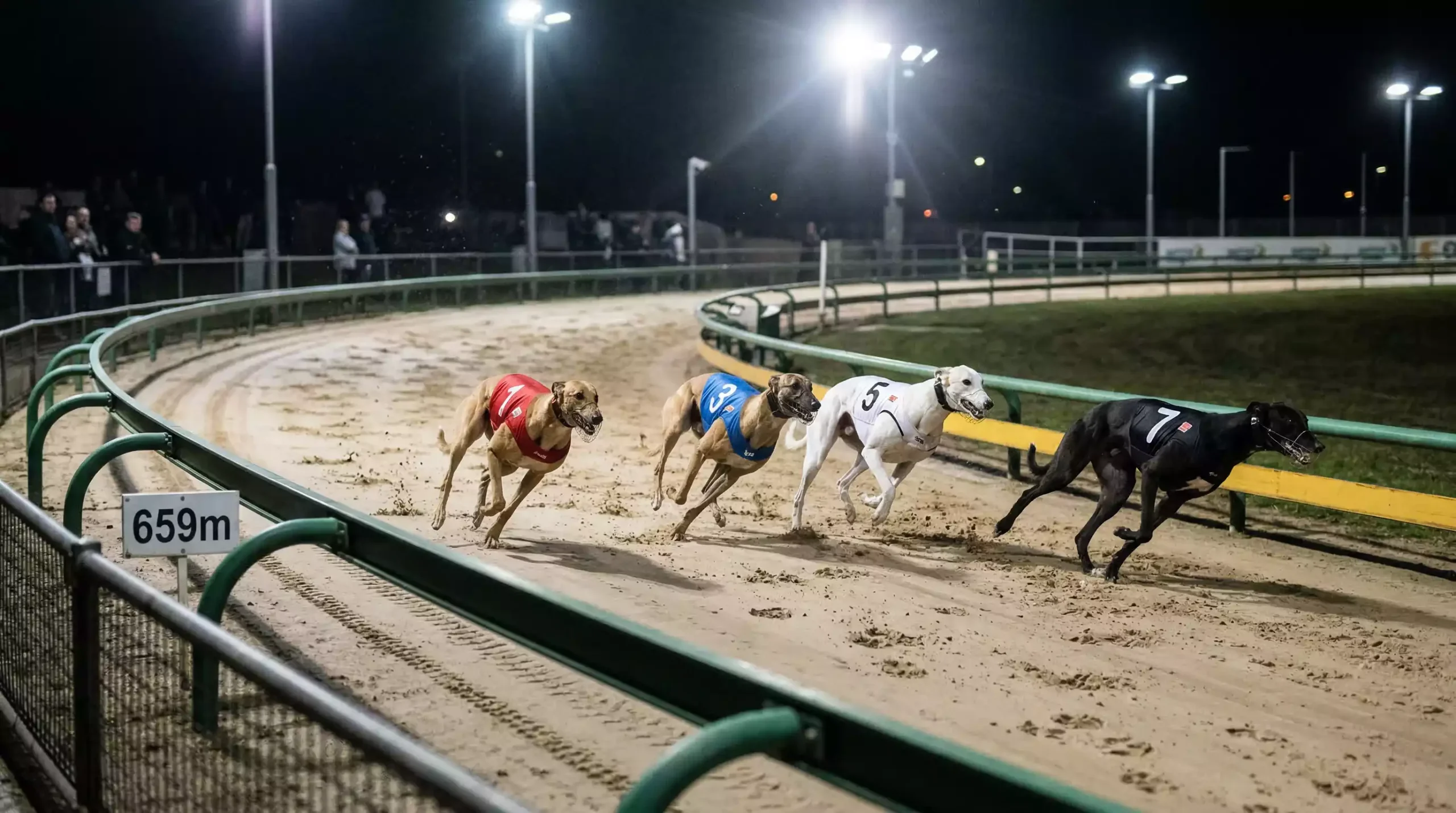 Greyhounds racing through the far bend of a staying race on a floodlit sand track