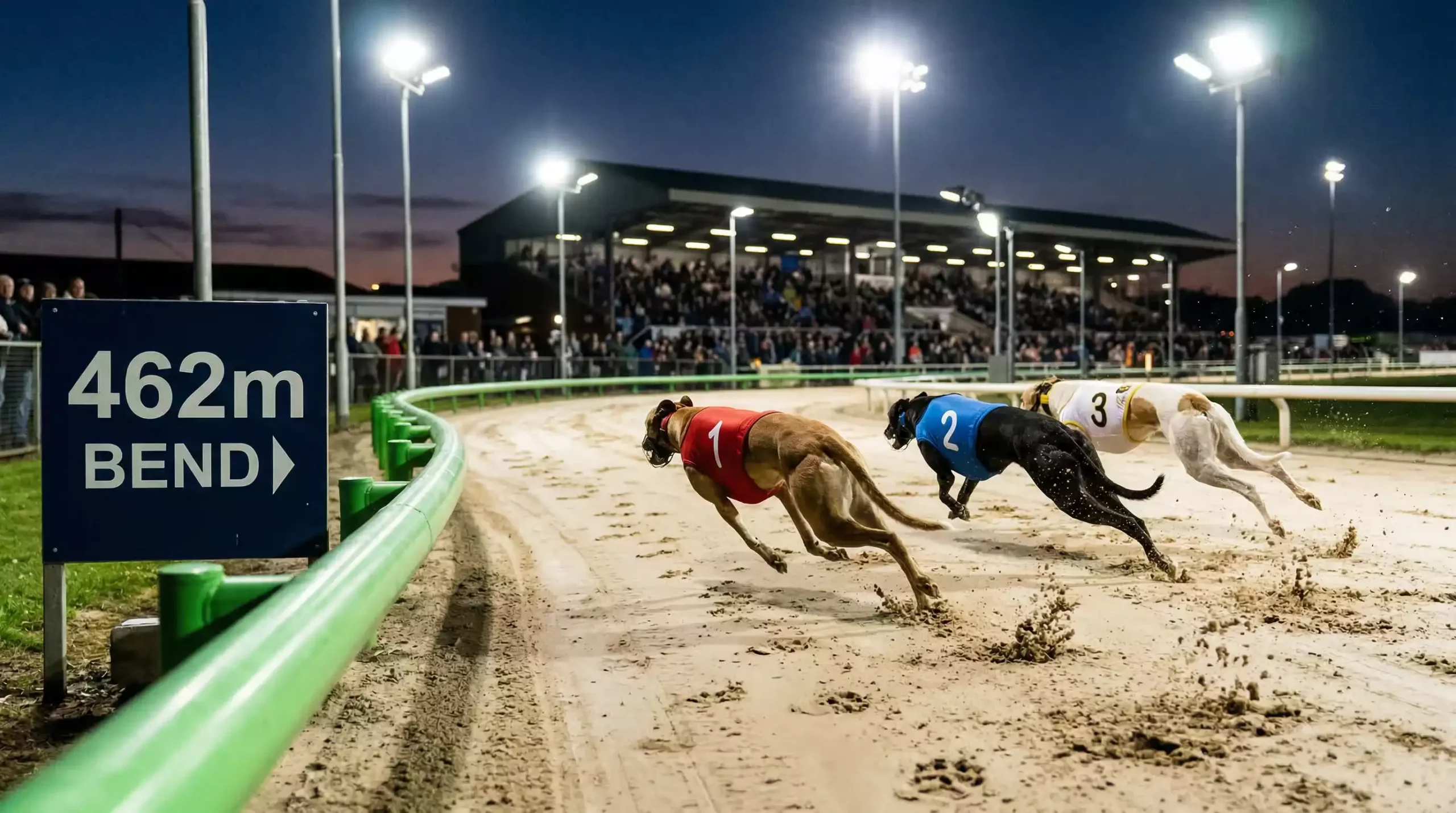 Greyhounds racing around a bend on the sand track at Yarmouth Stadium under floodlights