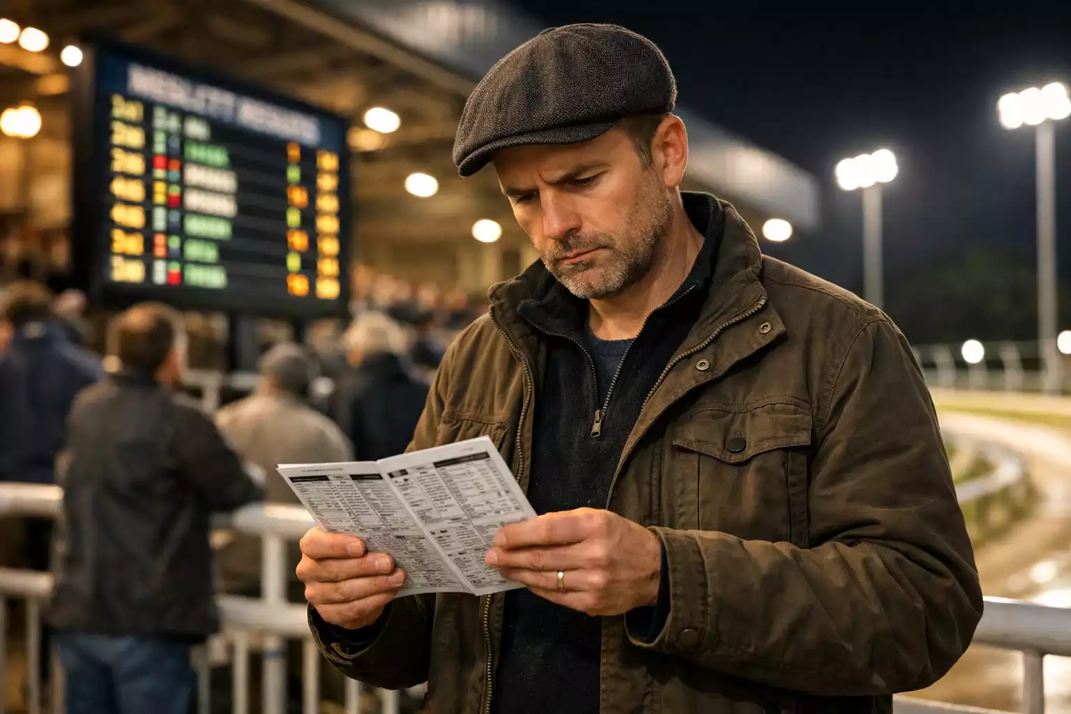 Greyhound race result board showing finishing order, trap numbers and times at a UK stadium