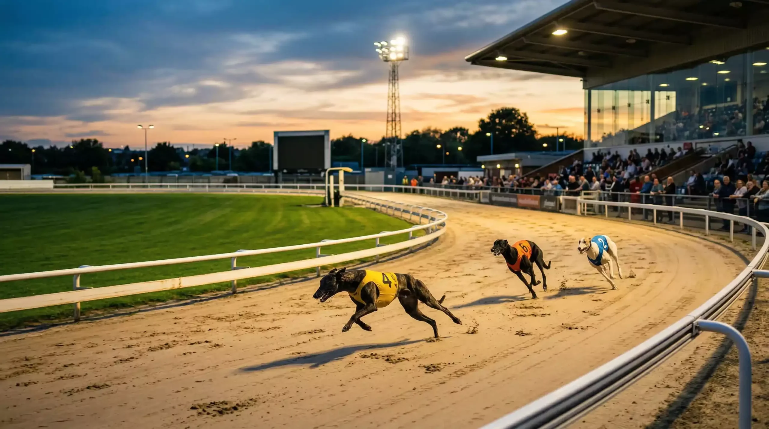 Yarmouth greyhound results — racing greyhounds sprinting down the home straight at Yarmouth Stadium under floodlights