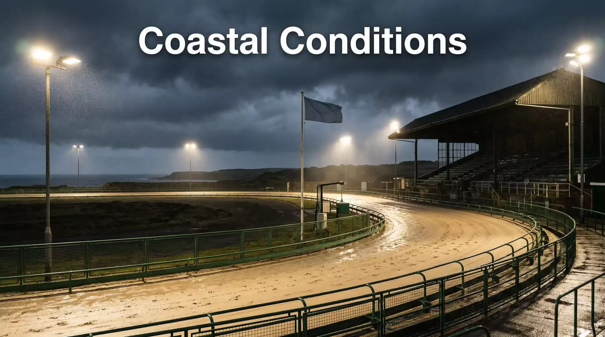 Yarmouth greyhound sand track on a moody evening with coastal wind visible in the floodlights