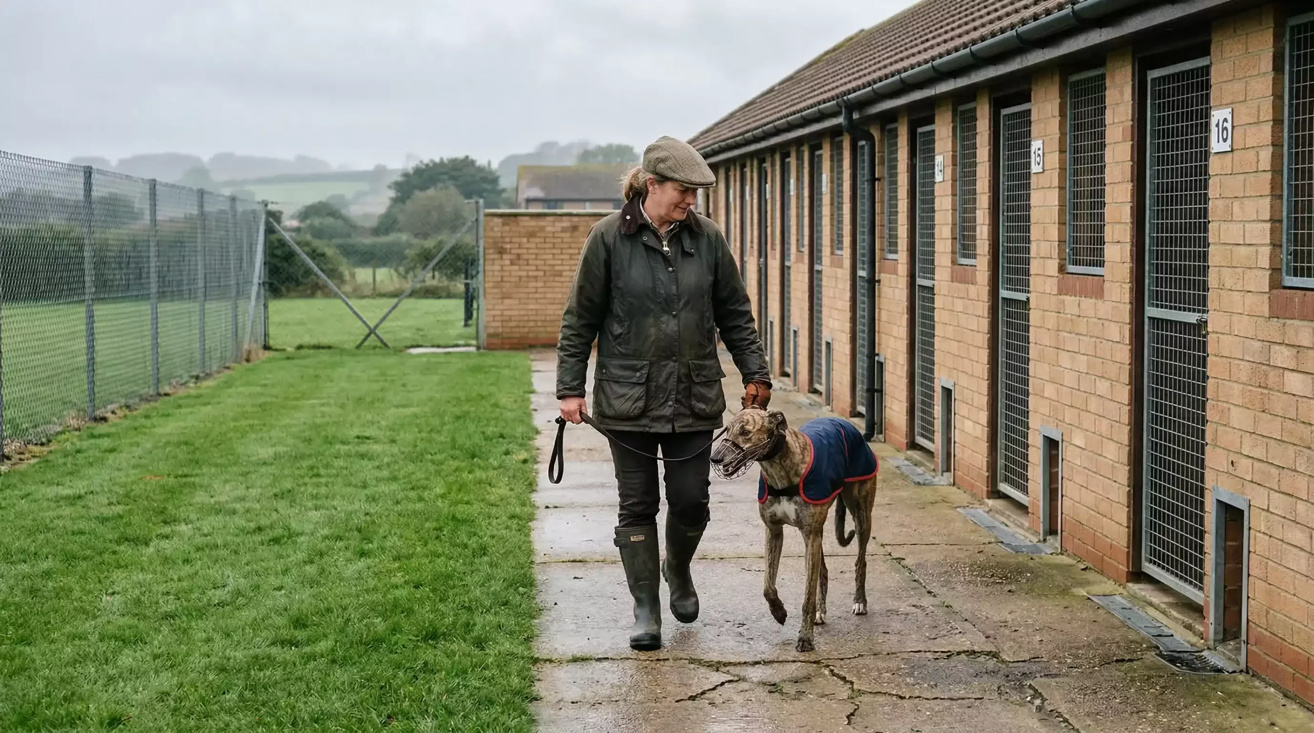Greyhound trainer walking a racing dog on a lead beside kennels at a UK stadium