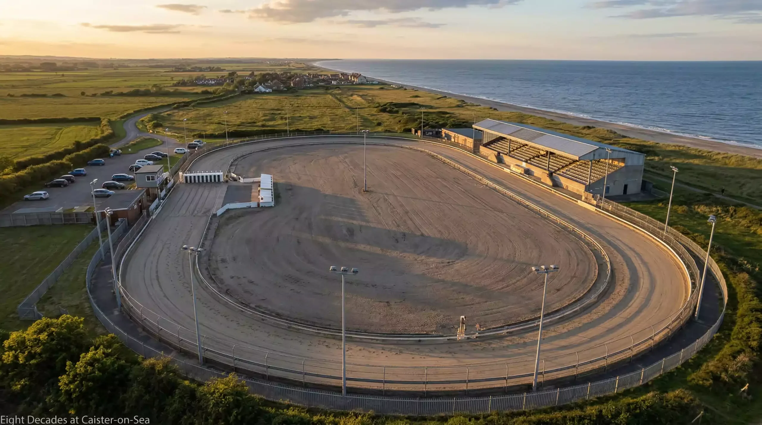 Aerial view of Yarmouth greyhound stadium at Caister-on-Sea showing the oval track and grandstand