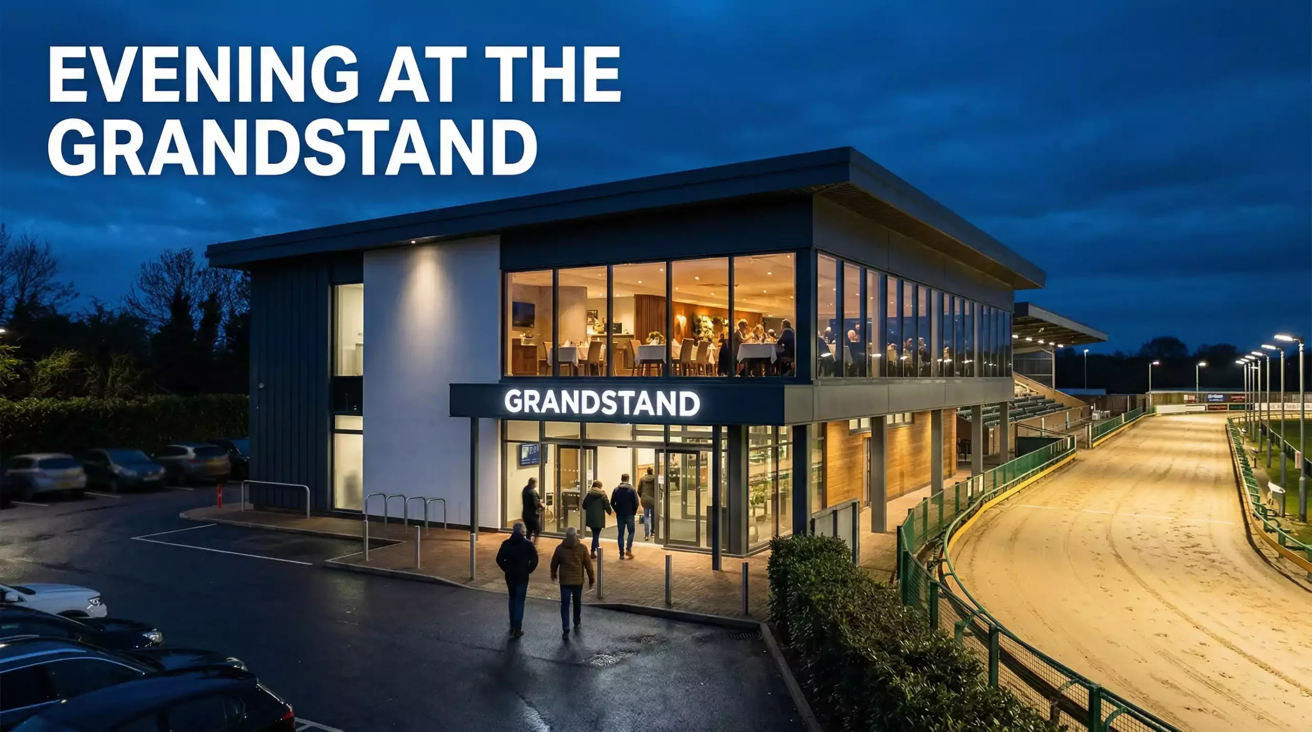 Yarmouth Stadium Len Franklin Grandstand lit up on a race evening with spectators arriving