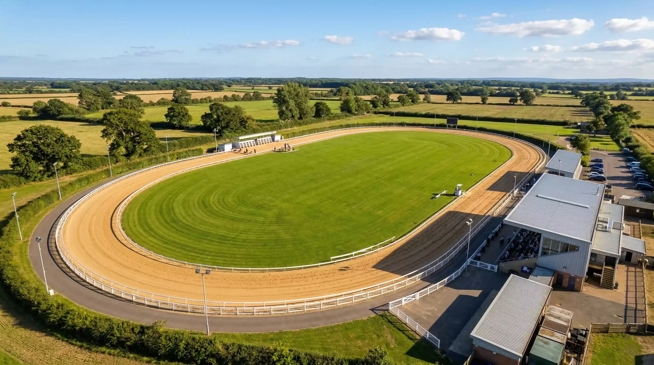 Aerial view of Yarmouth greyhound stadium showing the 382-metre oval track at Caister-on-Sea Norfolk